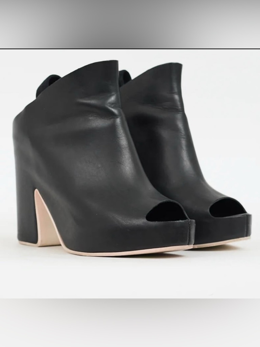 Balenciaga Black Leather Peep-Toe High Block Heel Booties with Nude Accents